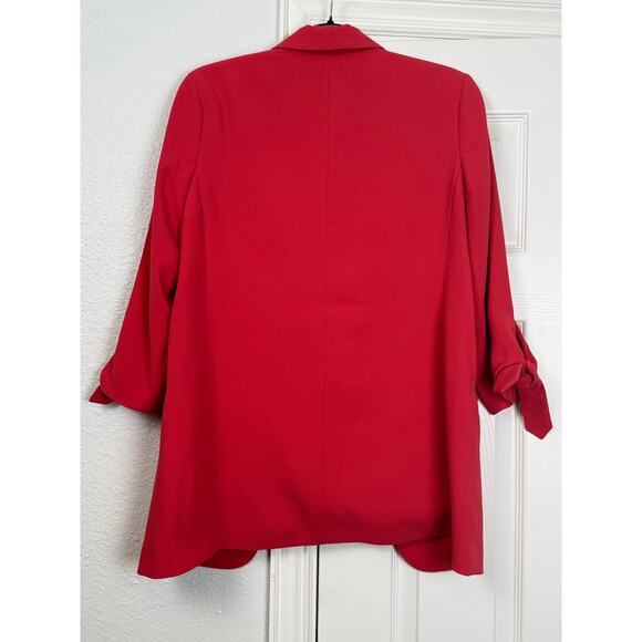 Express Coral Red Blazer Size Med Tie Sleeve Relaxed Fit Career Jacket - Picture 2 of 5